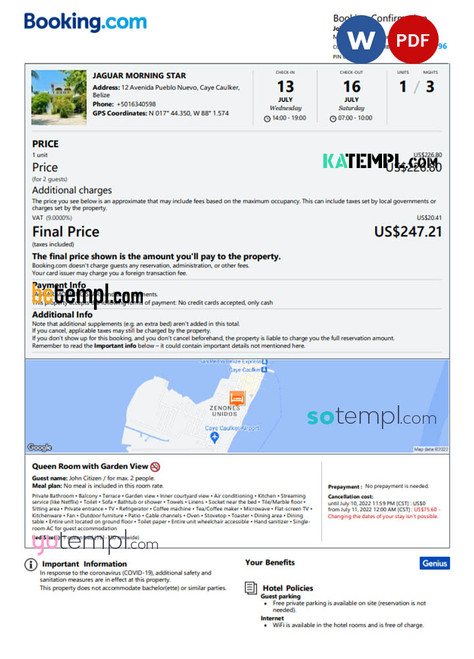 Belize hotel booking confirmation Word and PDF template, 2 pages