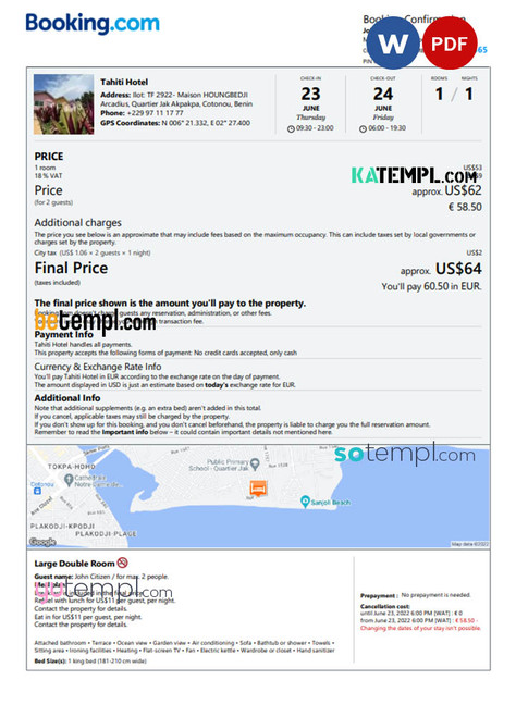 Benin hotel booking confirmation Word and PDF template, 2 pages