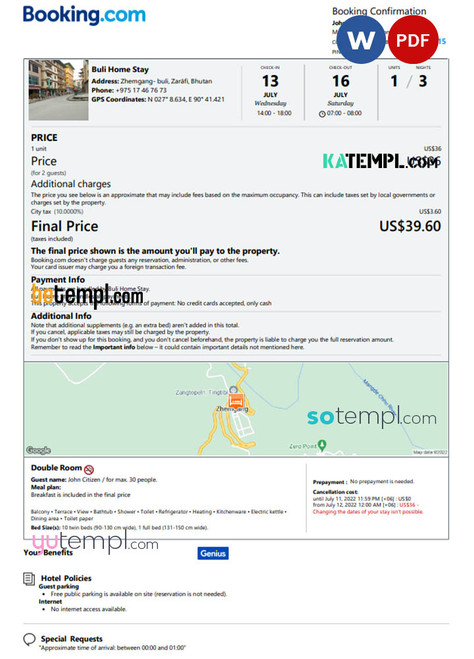 Bhutan hotel booking confirmation Word and PDF template, 2 pages
