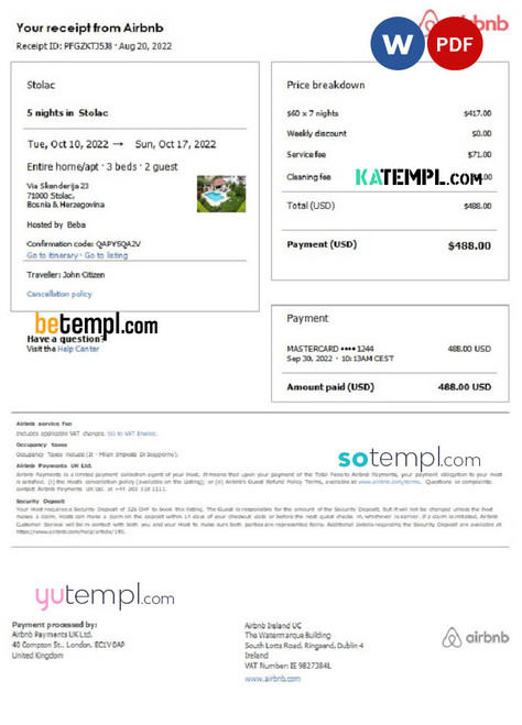Bosnia and Herzegovina Airbnb booking confirmation Word and PDF template