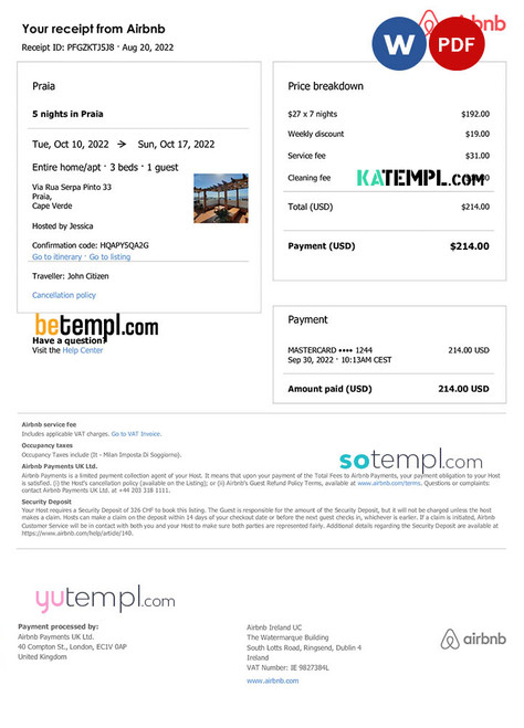 Cabo Verde Airbnb booking confirmation Word and PDF template