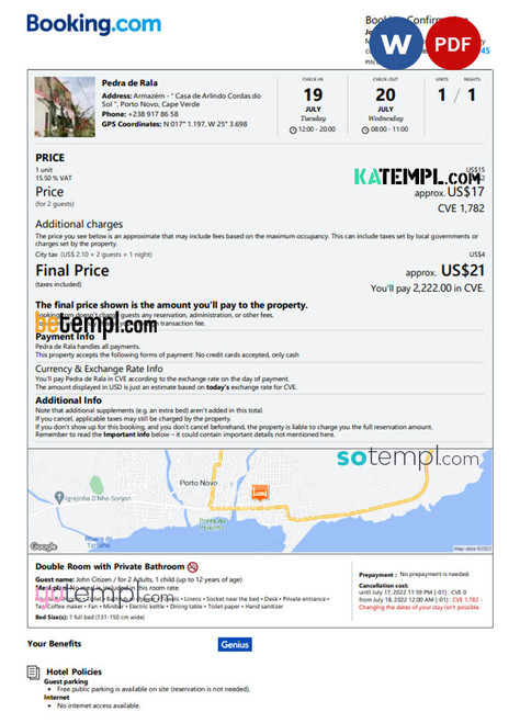 Cabo Verde hotel booking confirmation Word and PDF template, 2 pages