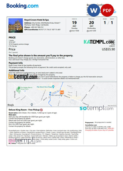 Cambodia hotel booking confirmation Word and PDF template, 2 pages