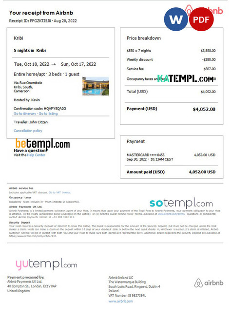 Cameroon Airbnb booking confirmation Word and PDF template
