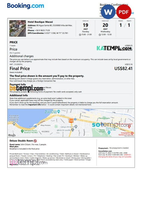 Chile hotel booking confirmation Word and PDF template, 2 pages