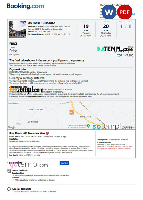 Colombia hotel booking confirmation Word and PDF template, 2 pages