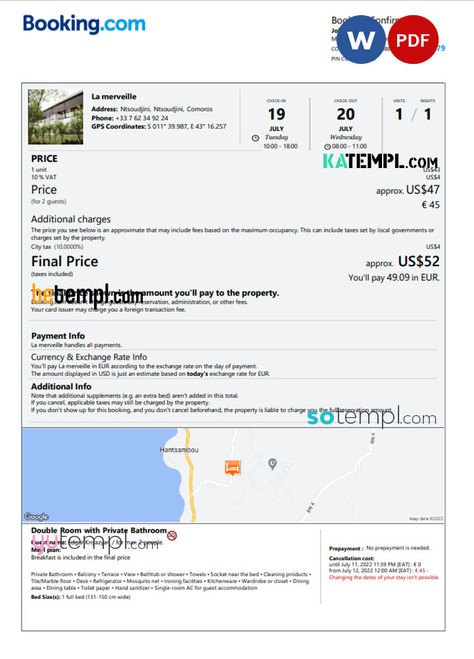 Comoros hotel booking confirmation Word and PDF template, 2 pages
