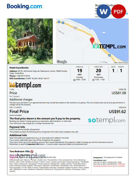 Costa Rica hotel booking confirmation Word and PDF template, 2 pages
