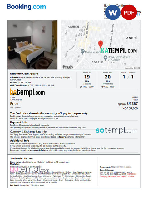 Côte d'Ivoire hotel booking confirmation Word and PDF template, 2 pages