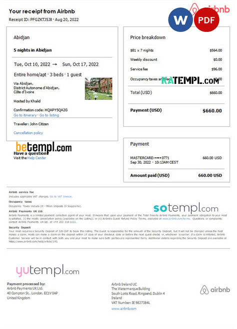 Côte d’Ivoire Airbnb booking confirmation Word and PDF template