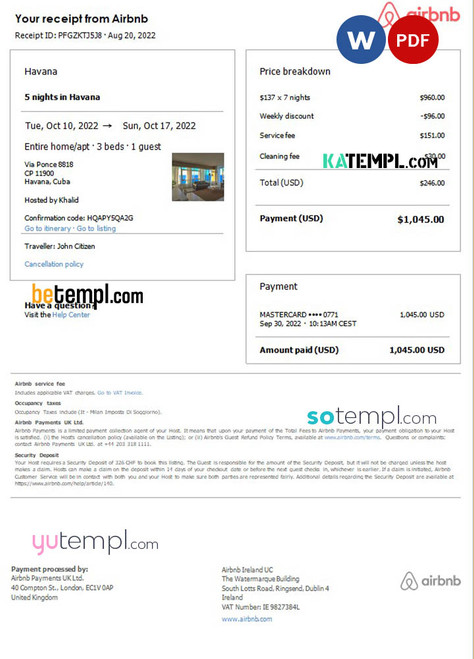 Cuba Airbnb booking confirmation Word and PDF template