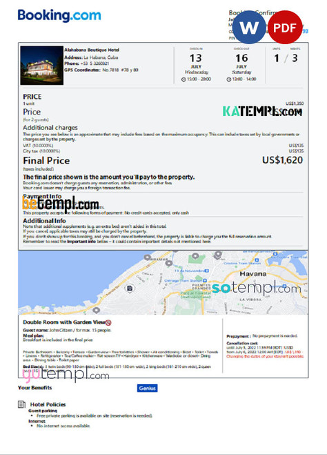 Cuba hotel booking confirmation Word and PDF template, 2 pages