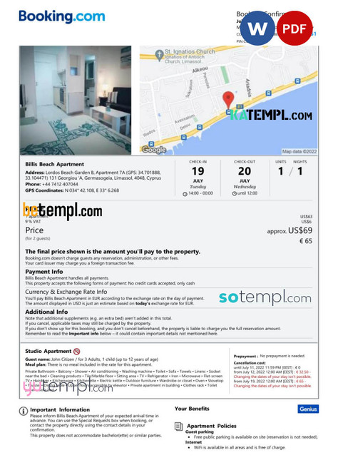 Cyprus hotel booking confirmation Word and PDF template, 2 pages