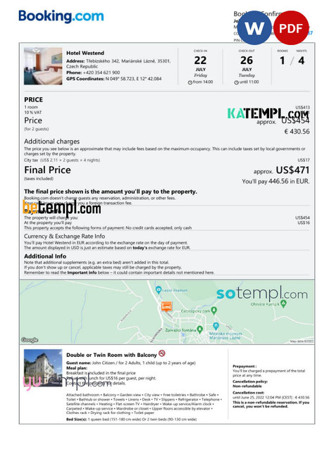 Czech Republic hotel booking confirmation Word and PDF template, 2 pages