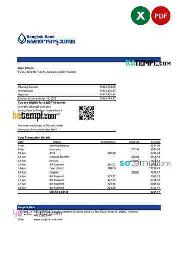 Thailand Bangkok bank statement, Excel and PDF template