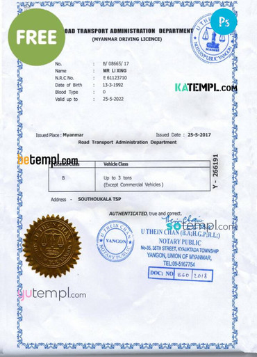 Myanmar driving license template in PSD format fully editable with