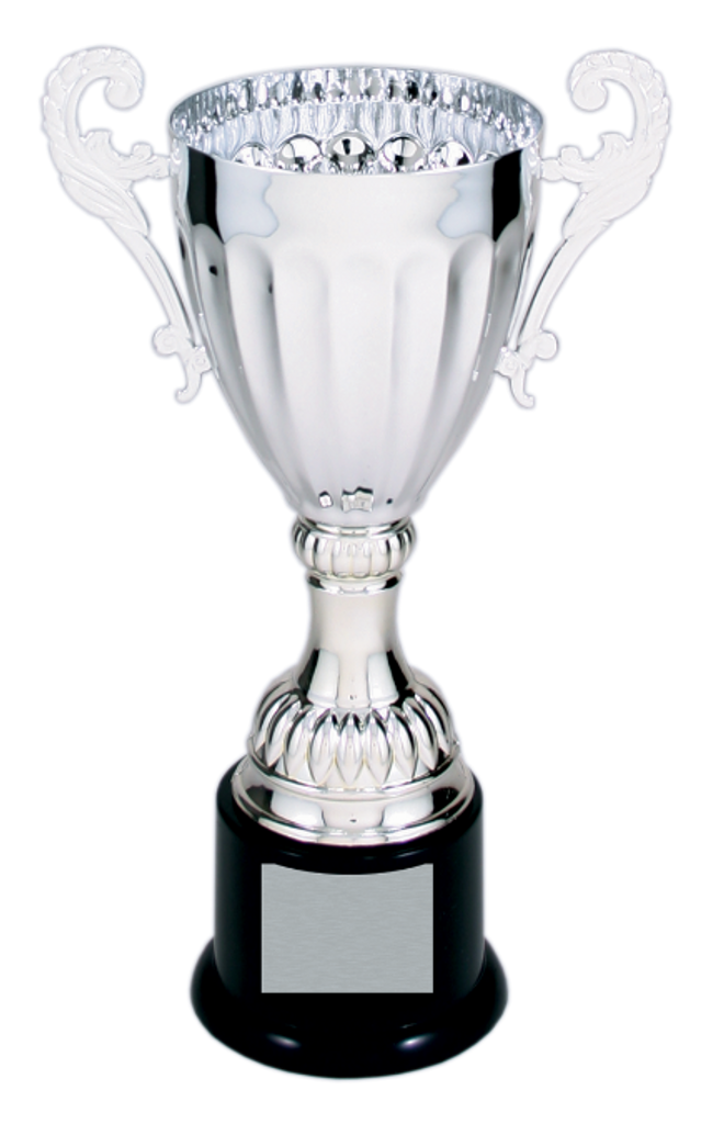 Silver Metal Corporate Cup Trophy on a Black Plastic Base