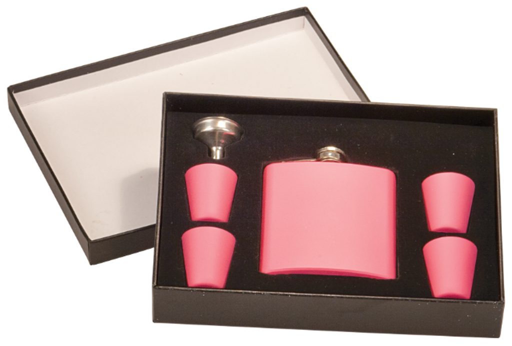 Matte Pink Flask Set in Black Presentation Box w/4 Shot Glasses & Funnel