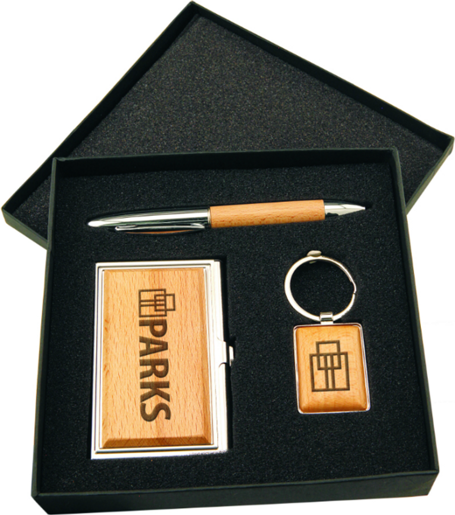 Silver/Wood Gift Set w/ Business Card Case Pen & Keychain