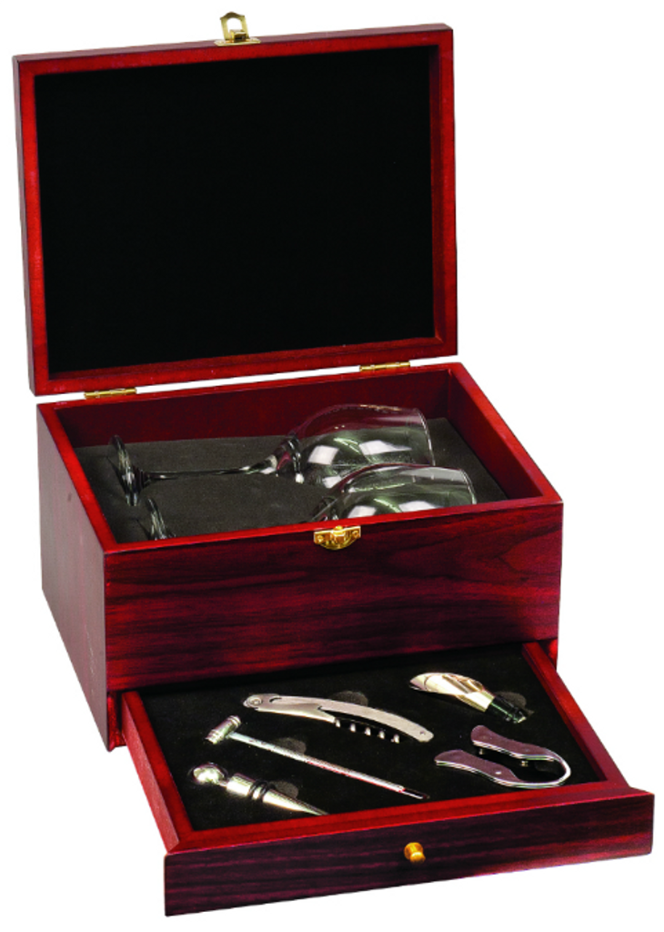 Rosewood Finish 5-Piece Wine Tool Set with 2 Glasses