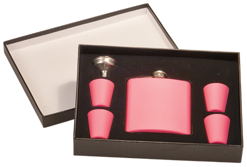 Matte Pink Flask Set in Black Presentation Box w/4 Shot Glasses & Funnel