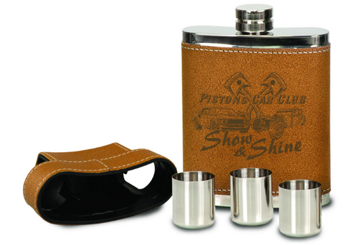 Leather Flask with Lid & 3 Shot Glasses