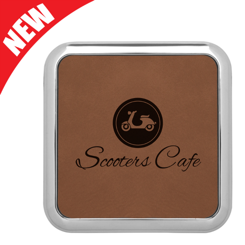 Square Dark Brown Leatherette Coaster with Silver Edge