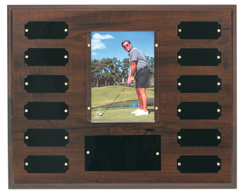 Cherry Finish Perpetual Plaque with 12 Plates & 3 1/2 x 5 Photo Holder