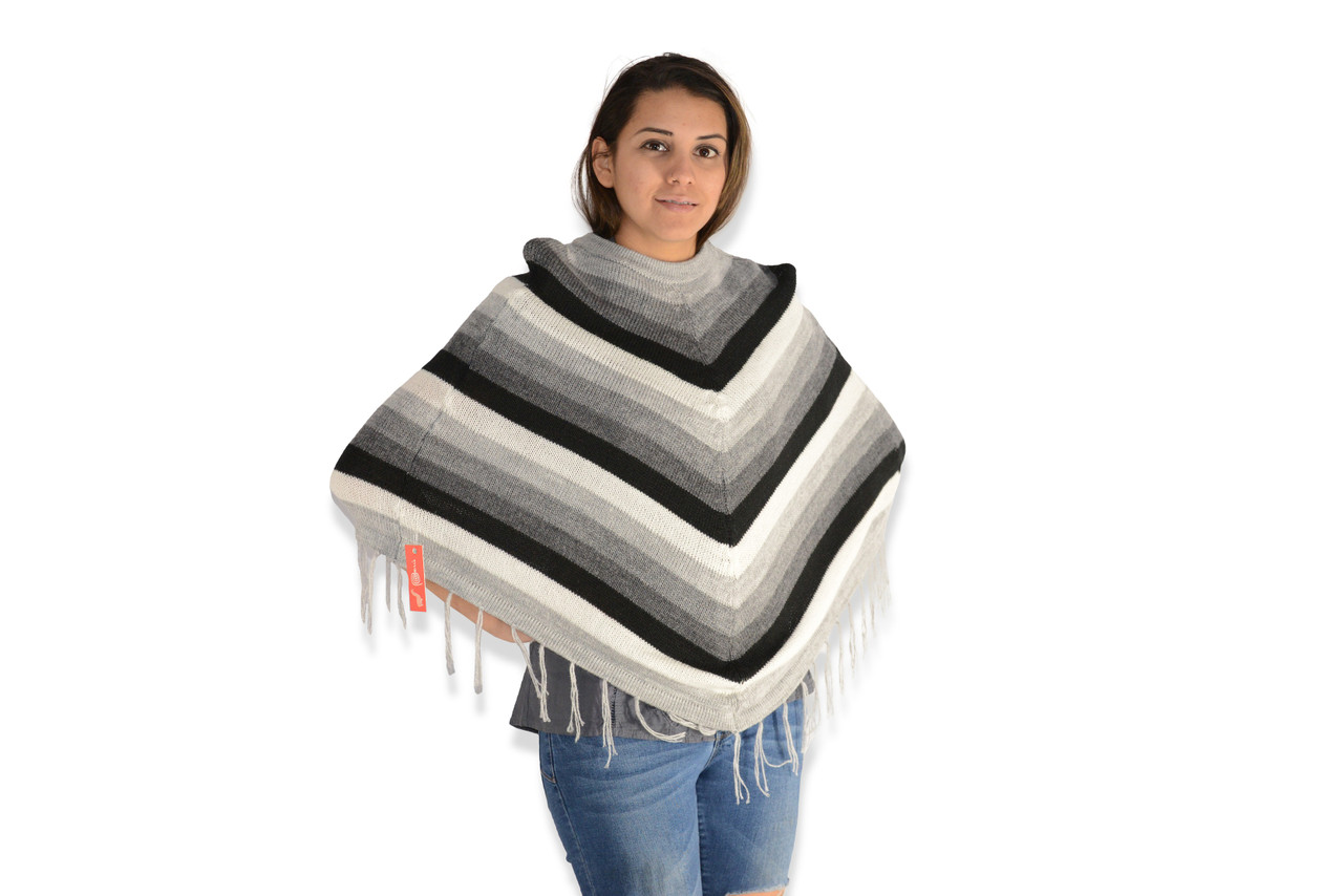 Multi-Color Striped 100% Alpaca Wool Knit Fringed Poncho