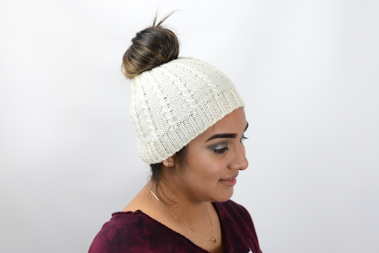 Beanie Crocheted Solid Color with Back Pony Tail Opening Pom Pom 100% Alpaca