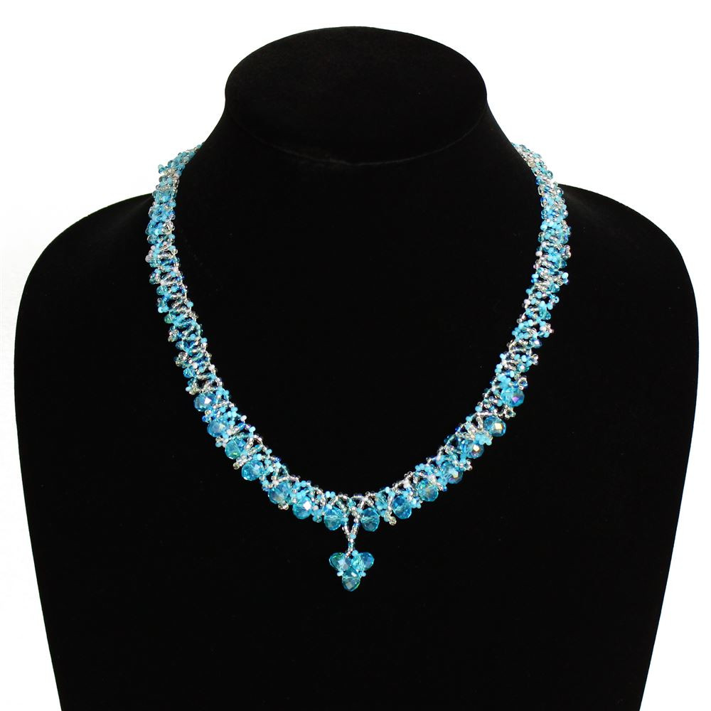 Lace Drop Necklace Woven Bead Crystals Magnetic Clasp Light Blue