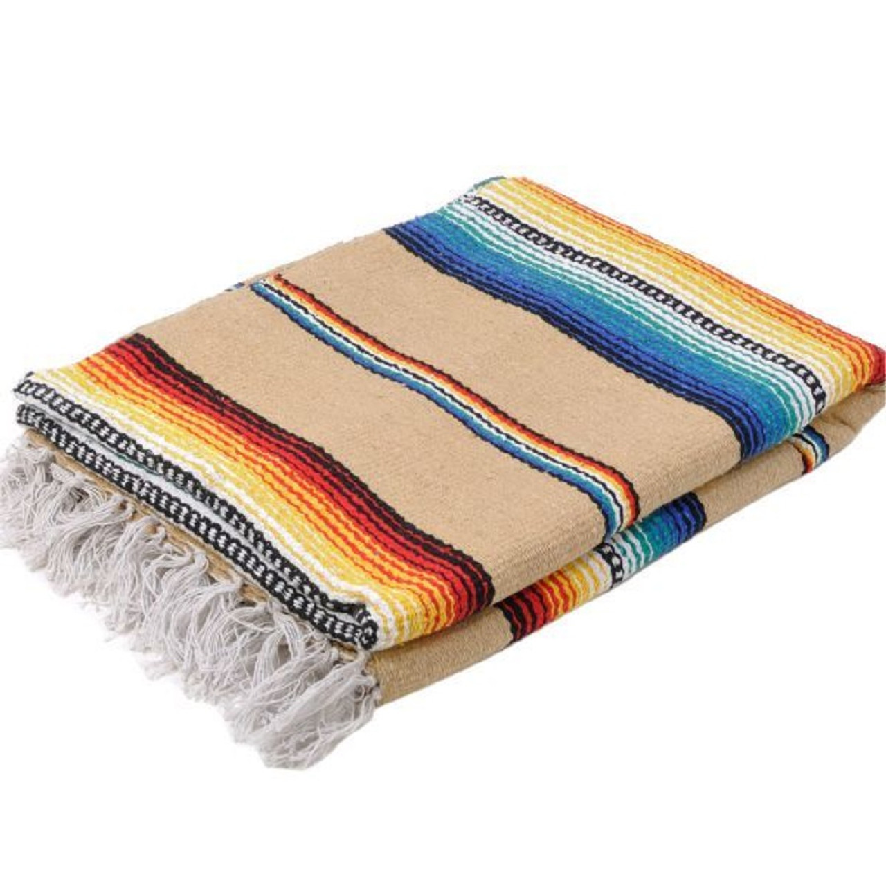 Sarape Cotton Heavy Weave 58 x 78 Striped Tan Yoga Roll Blanket