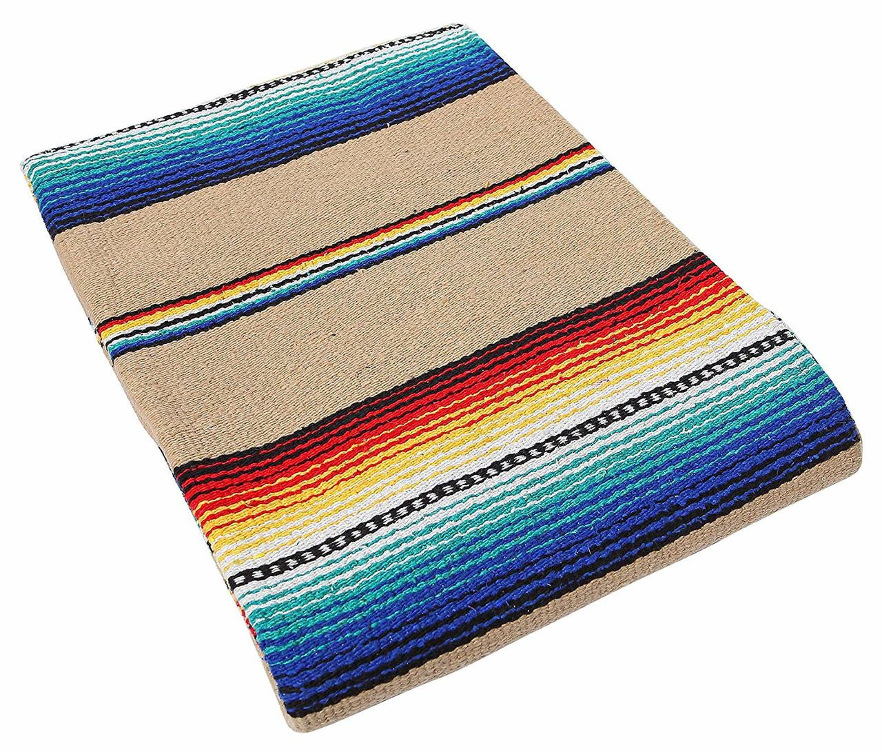 Sarape Cotton Heavy Weave 58 x 78 Striped Tan Yoga Roll Blanket