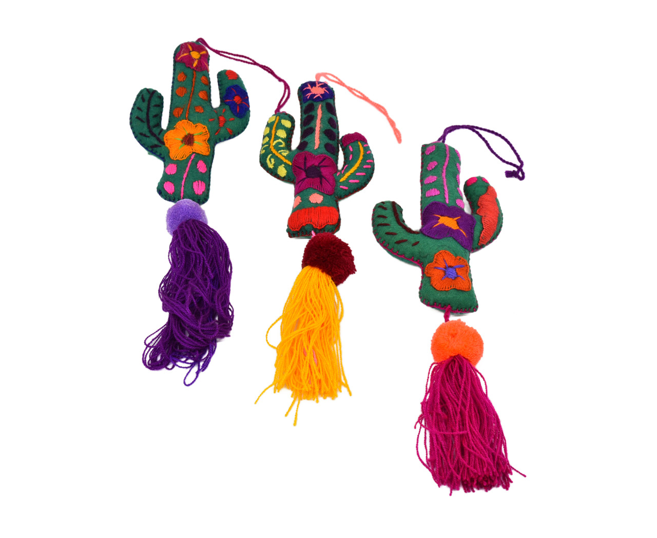 Mexican Christmas Ornaments Felt Cactus Hand Embroidered Pompoms
