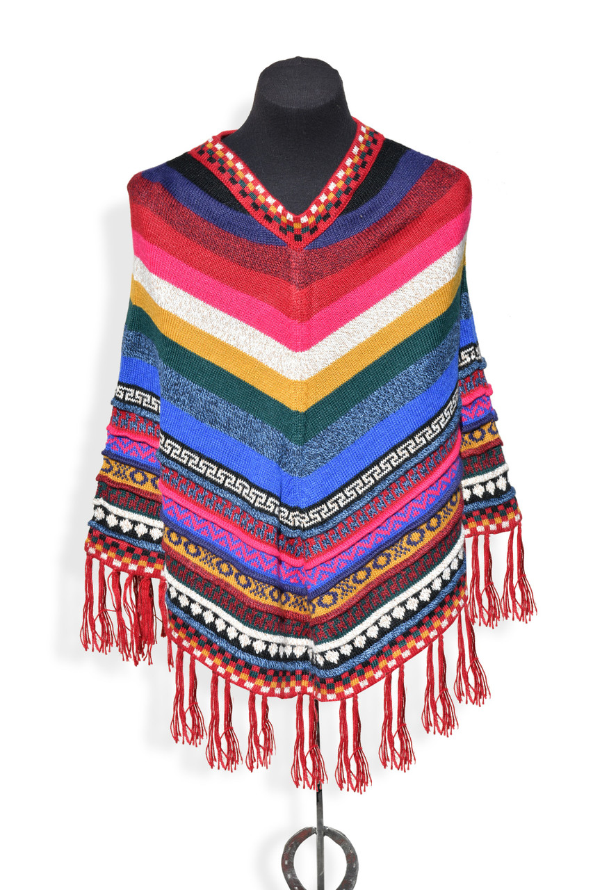 Multi-Color Striped 100% Alpaca Wool Knit Fringed Poncho