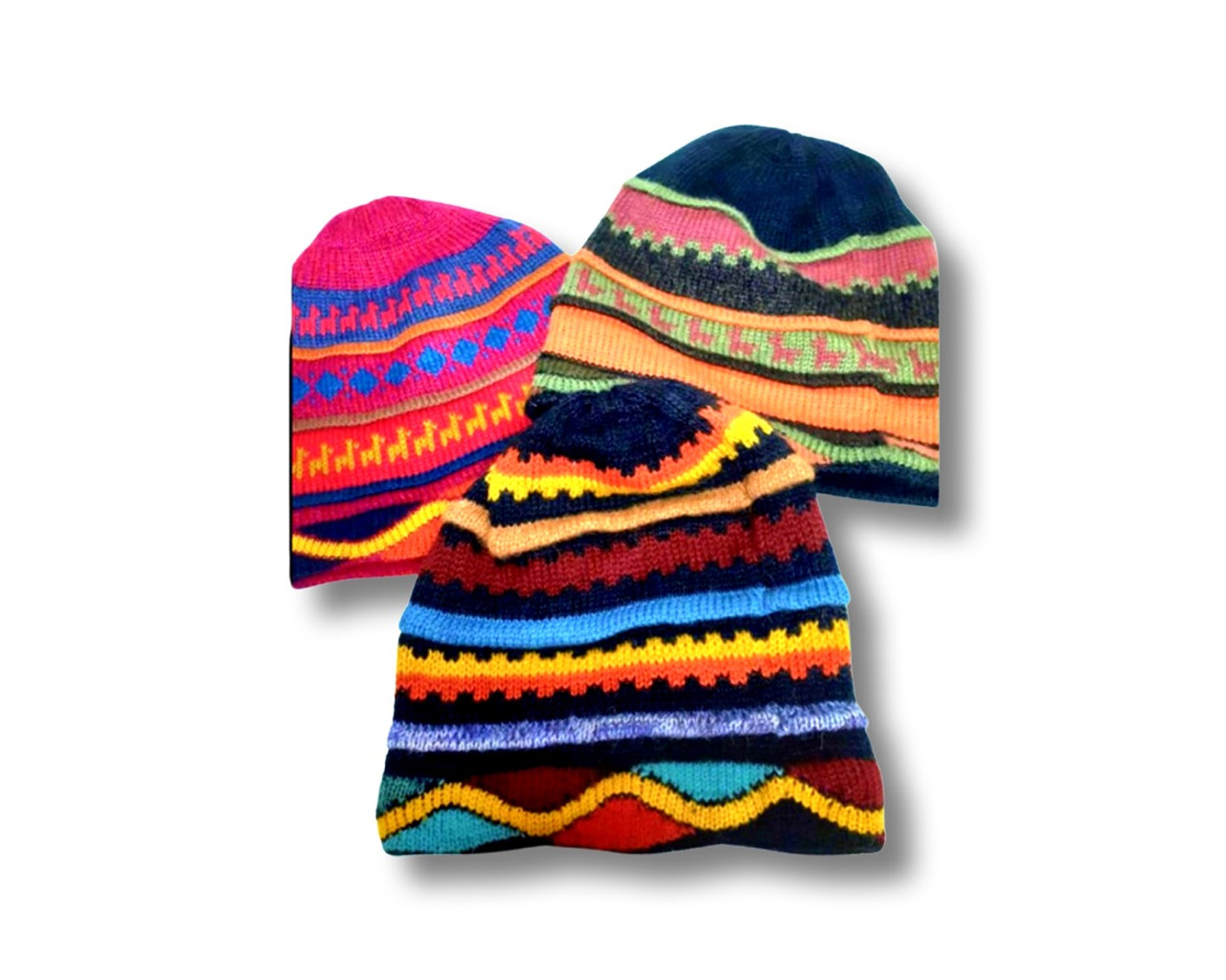 Waves and Stripes Alpaca Knit Fine Reversed Beanie Hat Hand Knit Peru Fair  Trade