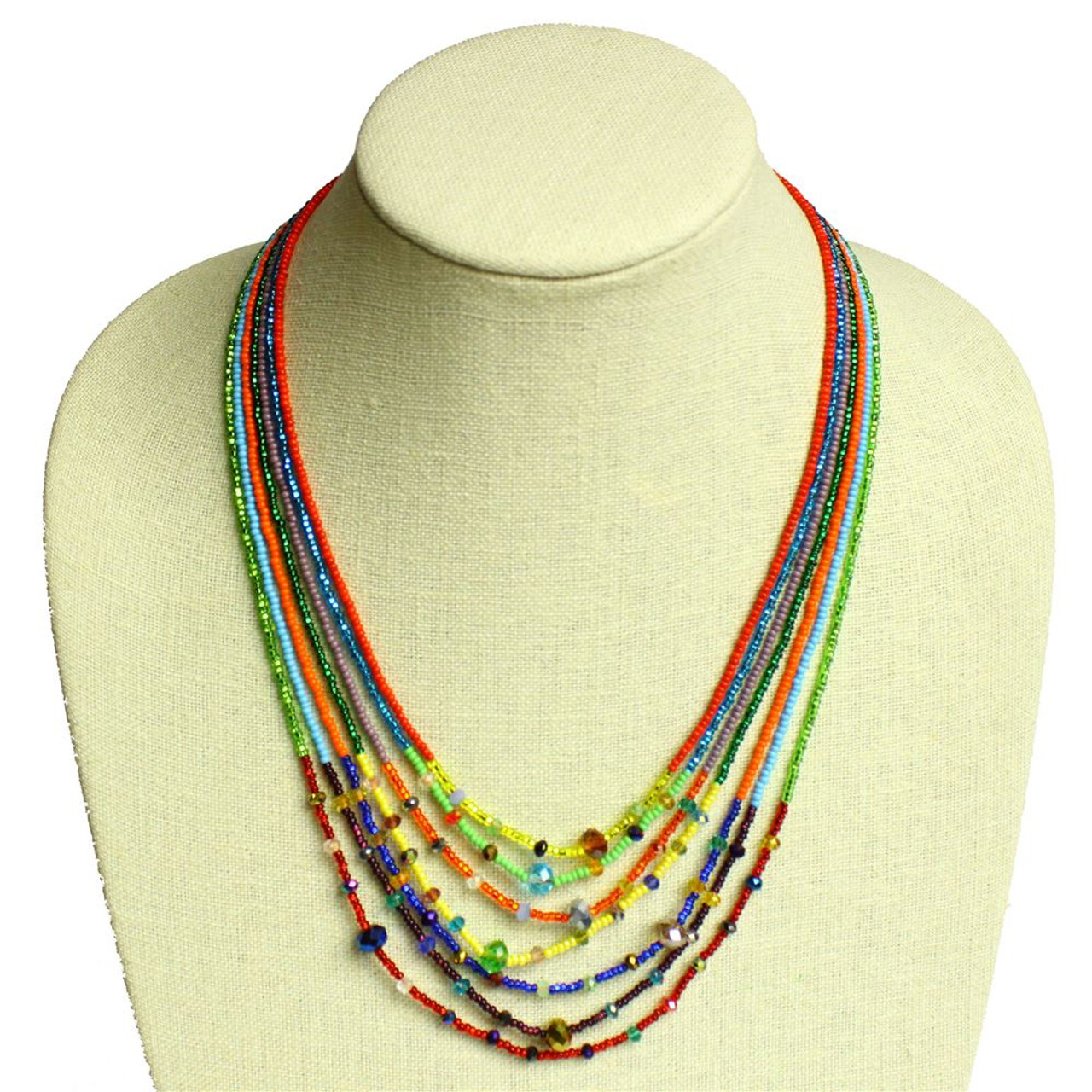 Multicolored Glass Beads Seven Strand with Crystals Necklace