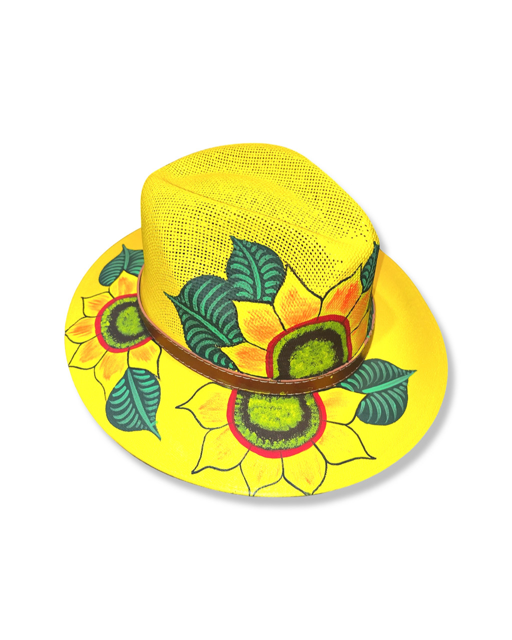 Leaves,straw Hat,fedora Hat,handpainted Fedora,hand Painted Hats,summer Hats,hat  With Leaves,gift for Her,lemon Hand Painted Hats by Alikya 