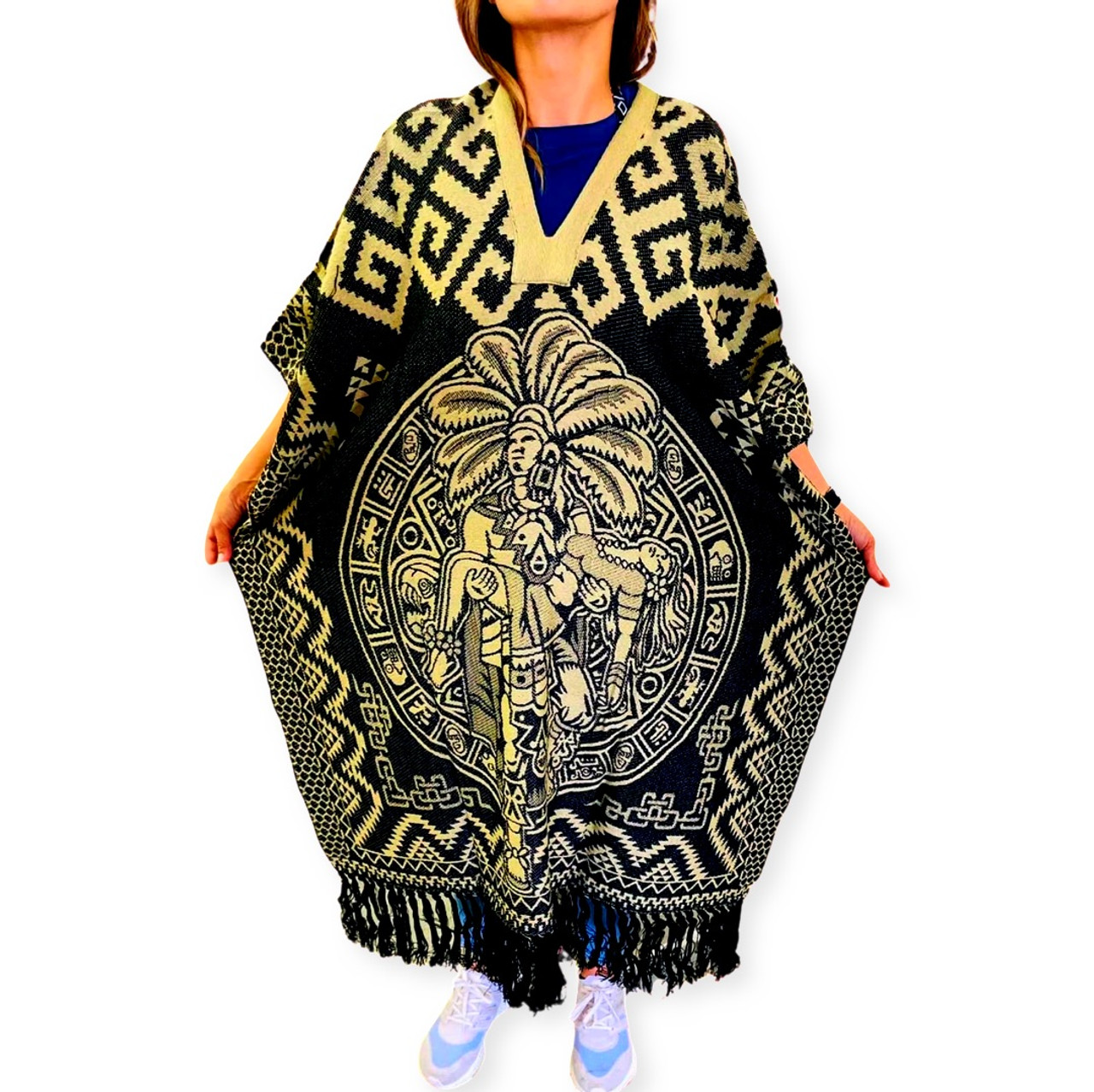 Aztec Calendar Classic Reversible Woven Poncho Two Tone Pattern