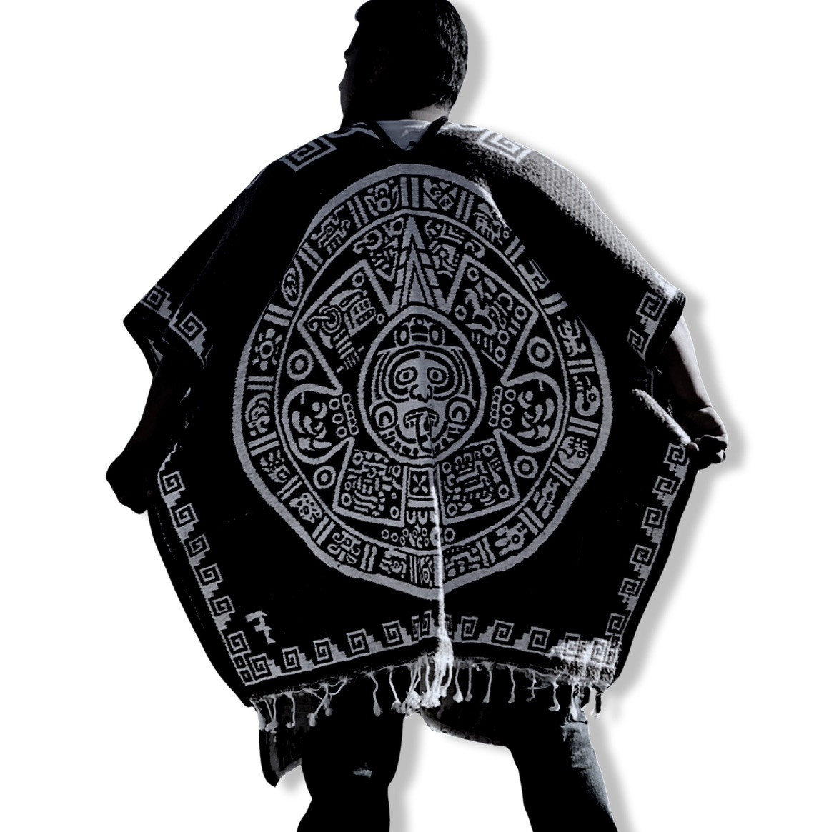 Mexican Flag Poncho - Black Unisex Serape With Eagle Emblem & Fringe, Handmade In Mexico - View #10