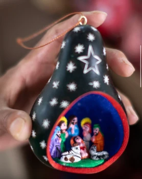 Gourd Nativity Ornament with Stars Carved with Scene Inside