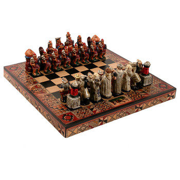 Chess Set Wood Hand Painted Board and Clay Pieces  - Square Small 8"x8"