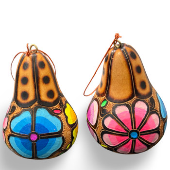 Floral Carved and Painted Gourd Ornament 3" Artisan Made