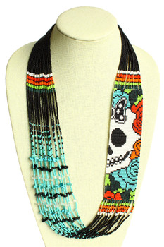 Magnetic Clasp Glass Katrina Day of the Dead 2.5" x 22" Long Superfine Necklace Hand Beaded NE601