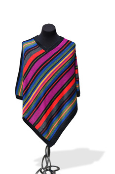 Black Fine Knit Bands and Waves Diagonal Stripes Alpaca Wool Poncho V Neck Black Fine Knit Bands and Waves Diagonal Stripes Alpaca Wool Poncho V Neck