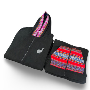 Alpaca Blend Hoodie Black Embroidered Design and Manta Applique