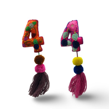 Number # 4 Multicolored Wool Felt Embroidered Pompom Ornaments Oaxaca Mexico  Number # 4 Multicolored Wool Felt Embroidered Pompom Ornaments Oaxaca Mexico
