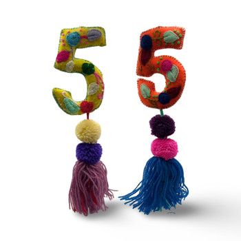 Five Number # 5 Multicolored Wool Felt Embroidered Pompom Ornaments Oaxaca Mexico  Five Number # 5 Multicolored Wool Felt Embroidered Pompom Ornaments Oaxaca Mexico