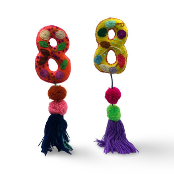 Number # 8 Eight  Multicolored Wool Felt Embroidered Pompom Ornaments Oaxaca Mexico  Number # 8 Eight  Multicolored Wool Felt Embroidered Pompom Ornaments Oaxaca Mexico