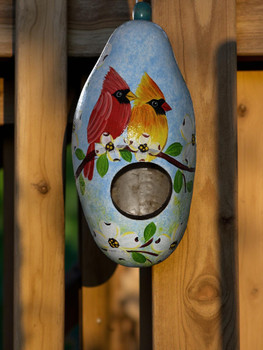 Hand Painted Gourd Birdhouse with Colorful Bird and Blossoms